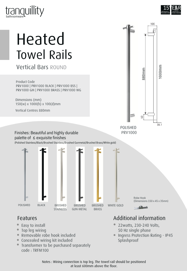 Round Vertical Heated Towel Bar 1000mm - 6 Colour Options