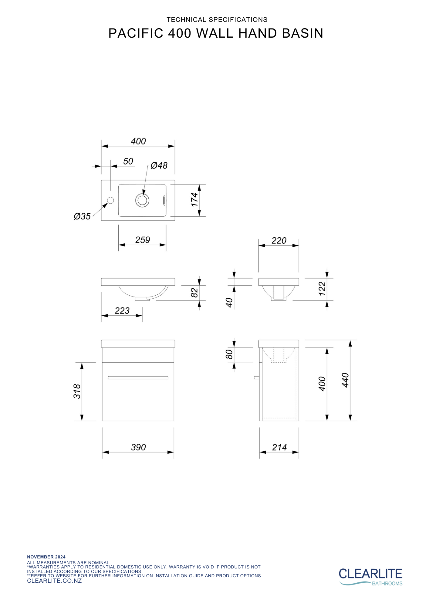 Pacific Hand Basin Wall Hung Vanity 400mm - 3 Colour Options