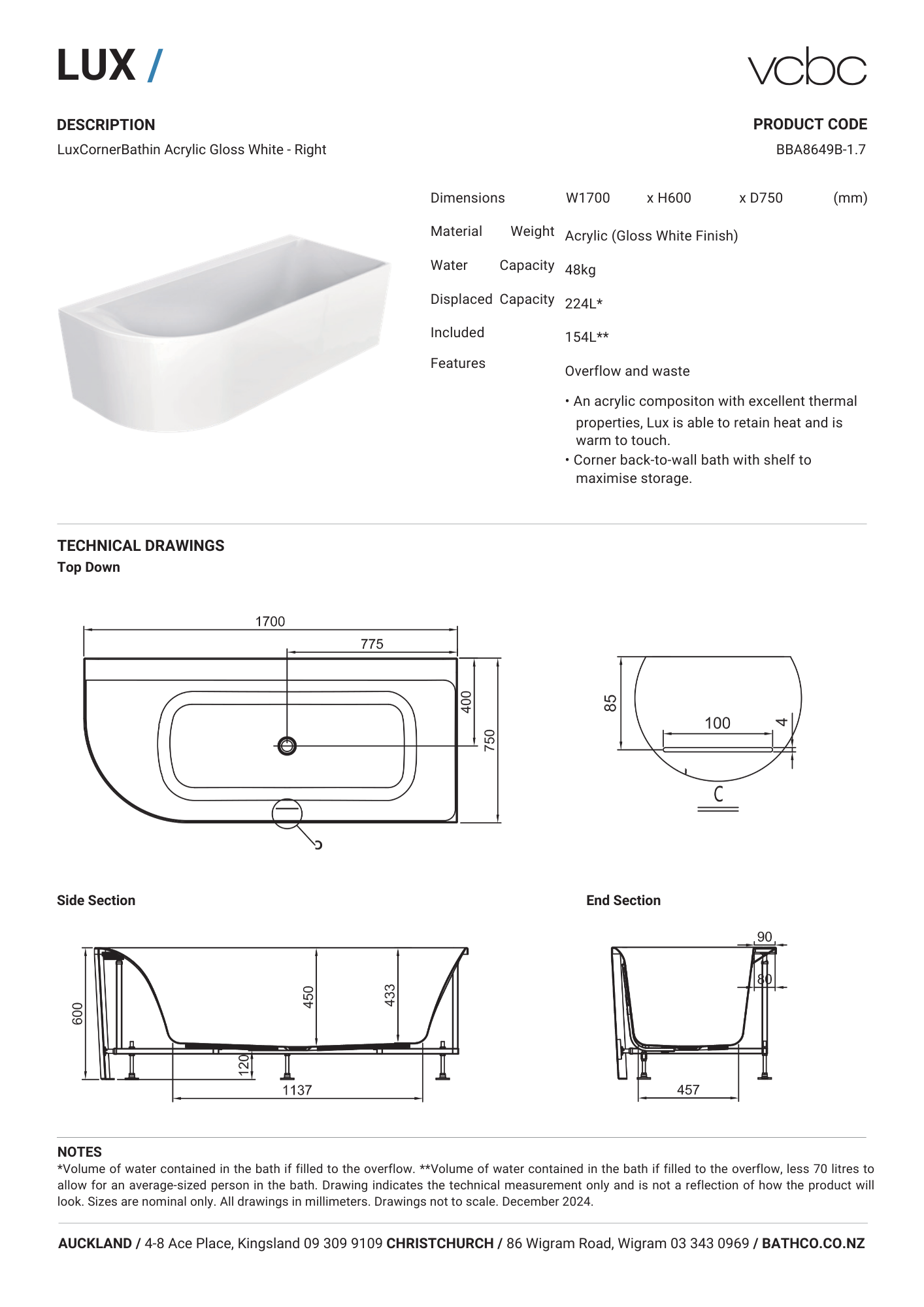 Lux Corner Back To Wall Bath (Right Corner) 1700mm