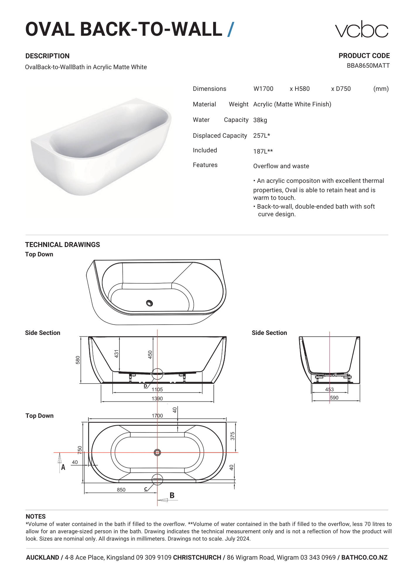 Oval Back To Wall Bath 1700mm - 2 Colour Options