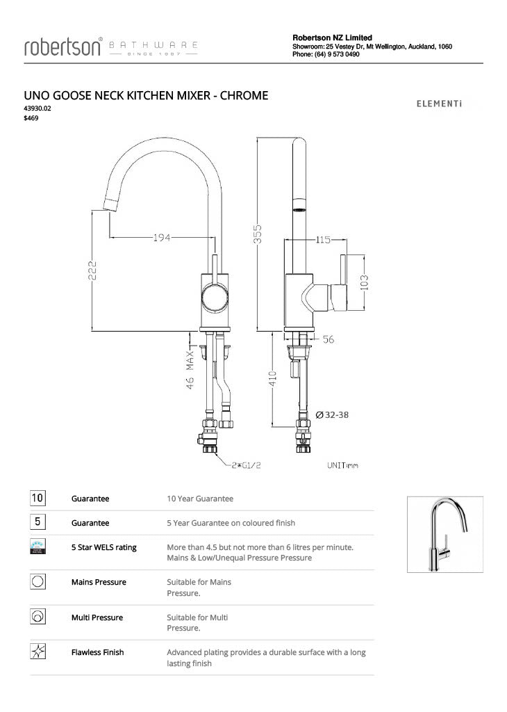 ELEMENTI UNO GOOSE NECK MIXER CHROME Universal Plumbing Plus