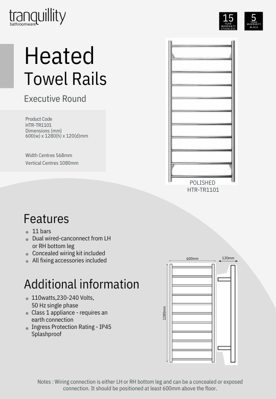 Executive 11 Bar Round Heated Towel Rail - 3 Colour Options