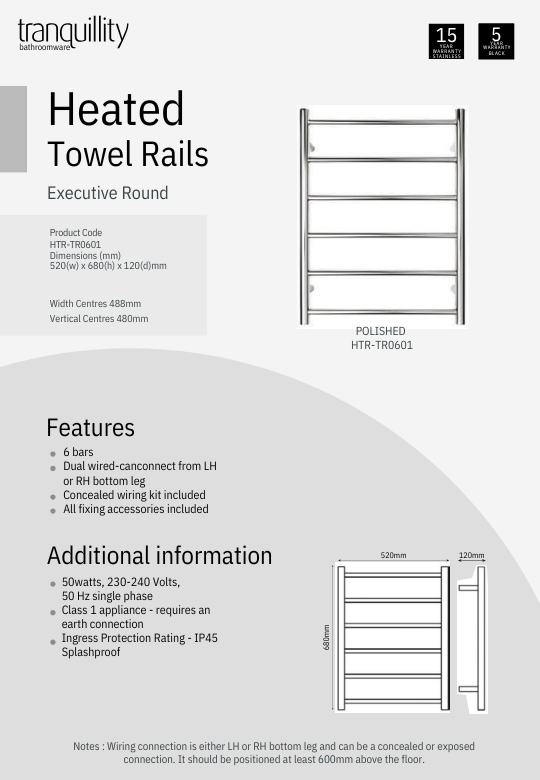 Executive 6 Bar Round Heated Towel Rail (Width: 520mm) - Polished Stainless
