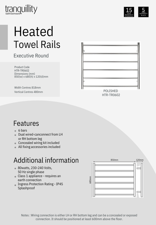 Executive 6 Bar Round Heated Towel Rail (Width: 850mm) - Polished Stainless