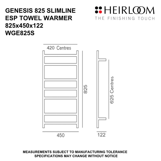 Genesis Slimline Energy Saver Pulse (ESP) Towel Warmer 825mm - Chrome