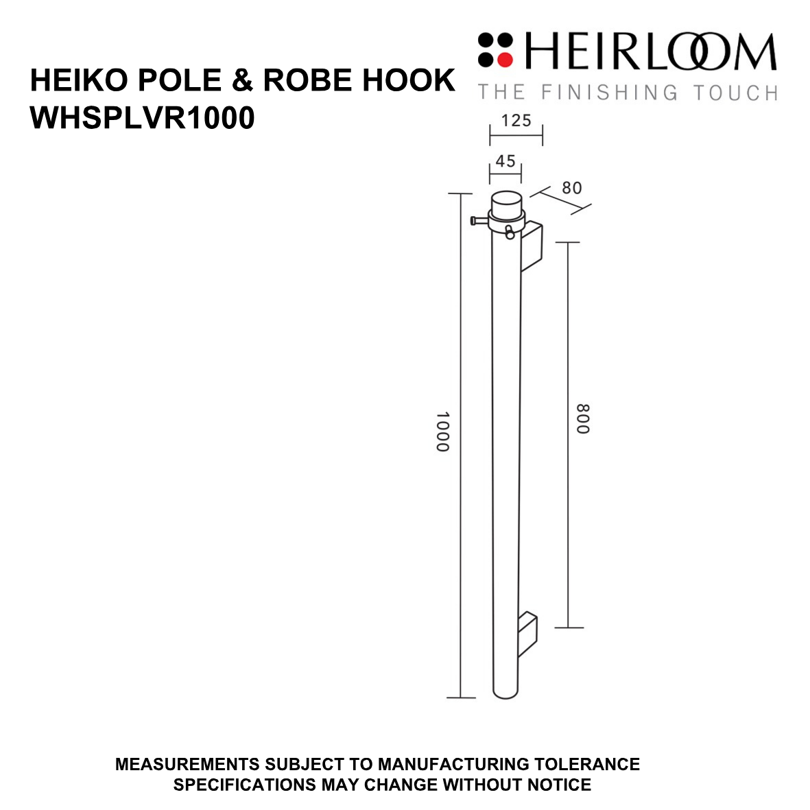 Heiko Pole Towel Warmer 1000mm with Robe Hook - Polished