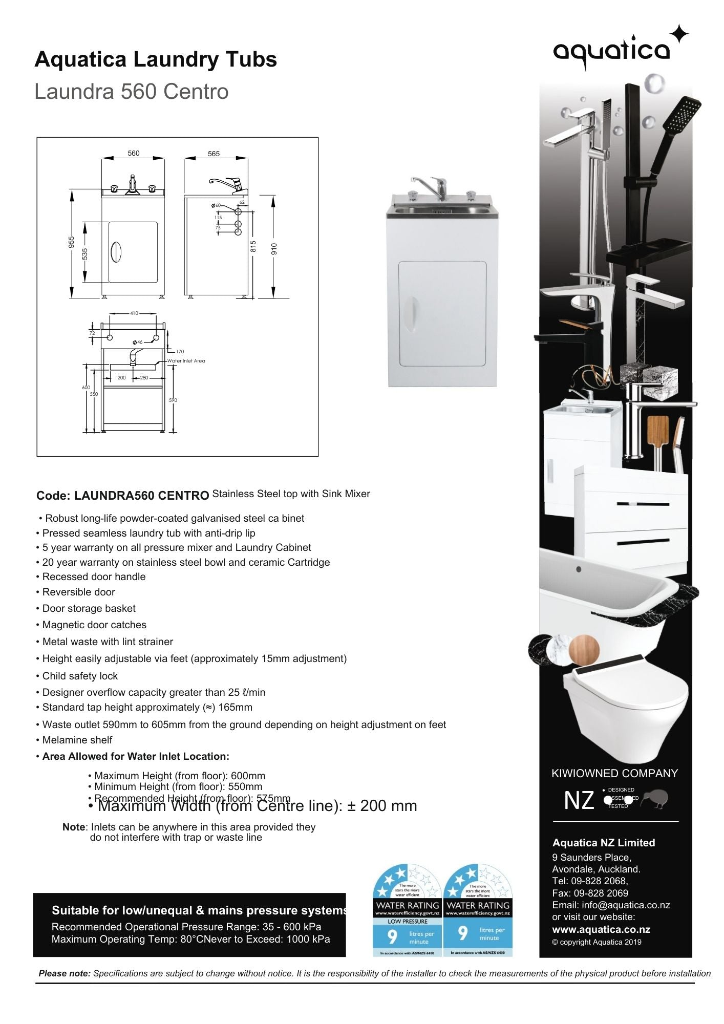 Laundry Tub Door Model with Centre Mixer 560mm