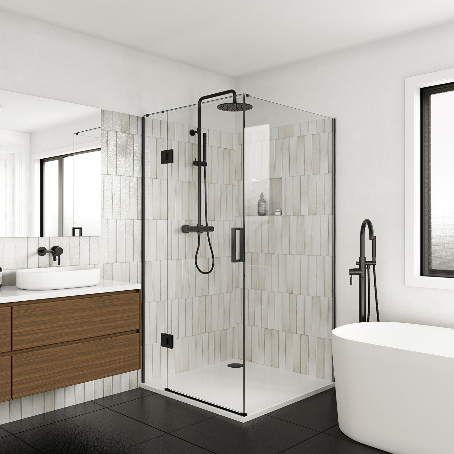 Scenic 2-Sided Hinged Tiled Shower 900mm x 900mm - Matte Black