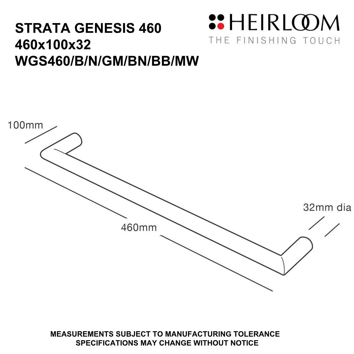 Strata Genesis Single Bar Towel Warmer 460mm - 7 Colour Options