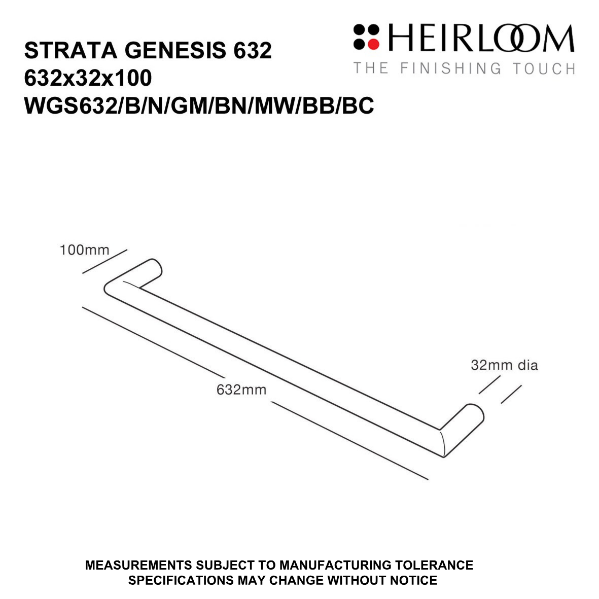 Strata Genesis Single Bar Towel Warmer 632mm - 8 Colour Options