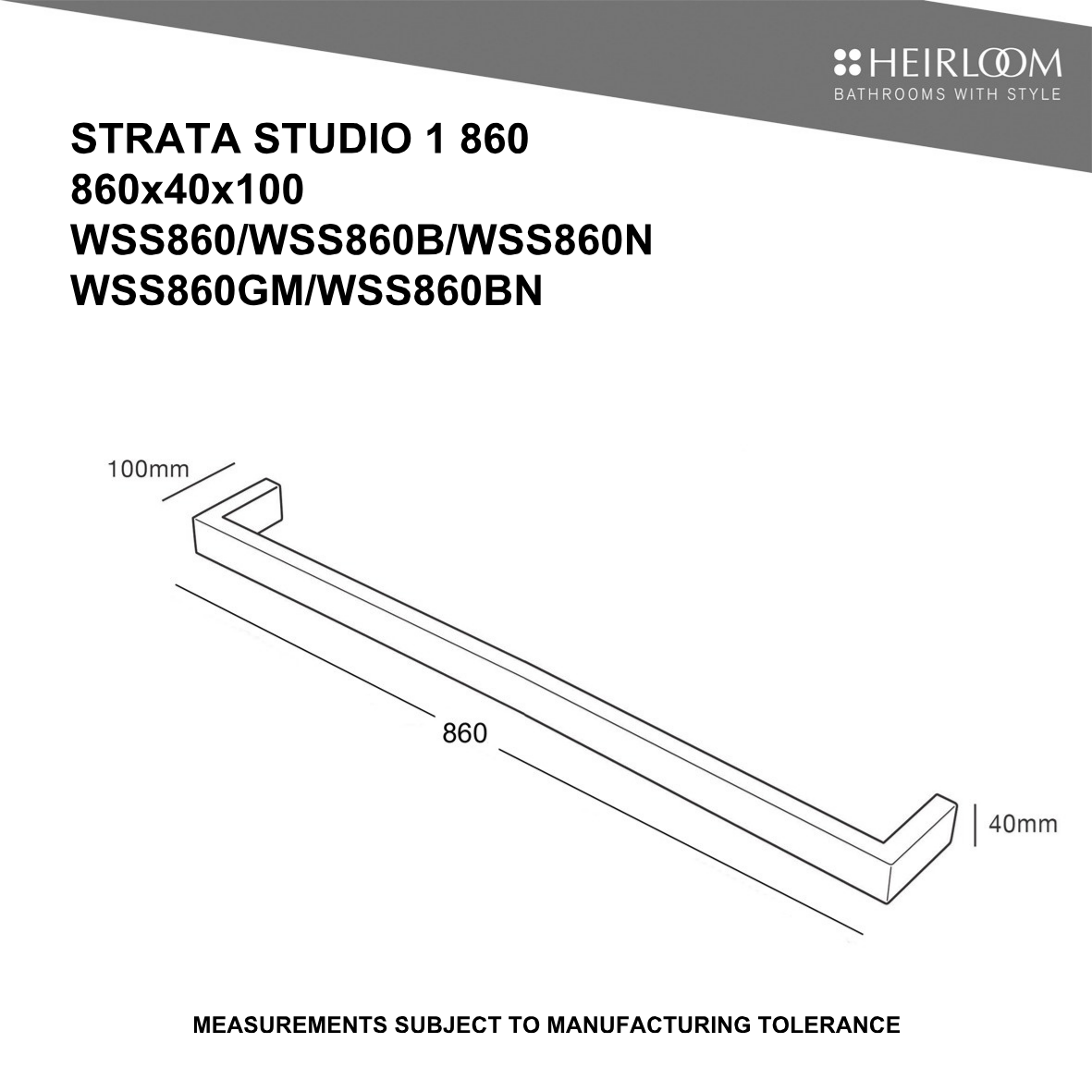 Strata Studio 1 Single Bar Towel Warmer 860mm - 5 Colour Options