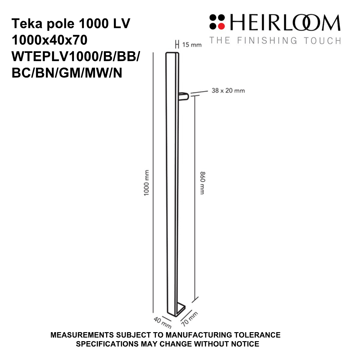 Teka Pole Towel Warmer 1000mm - 8 Colour Options