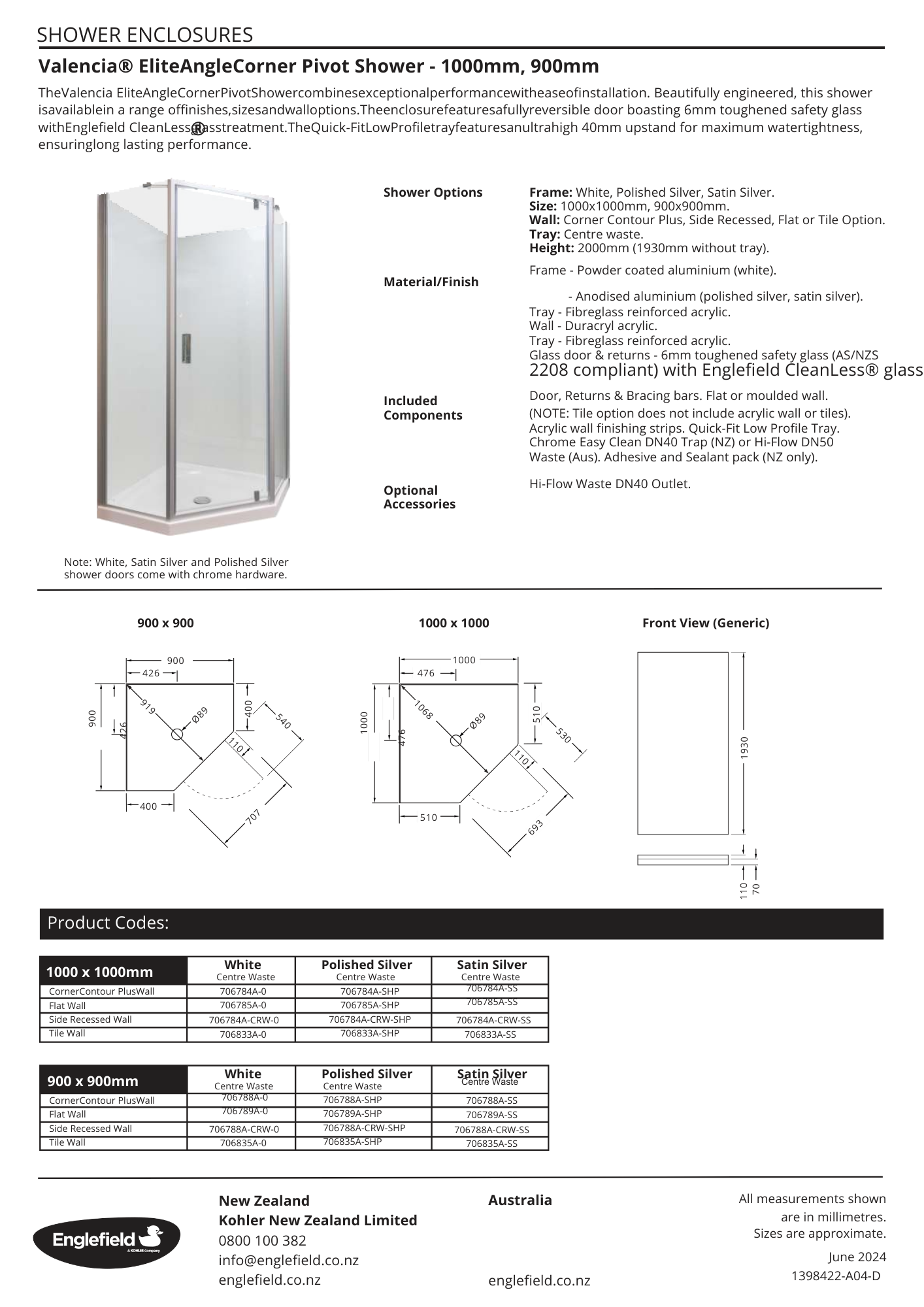 Valencia Elite Angle Corner Shower 900mm x 900mm - Metallic