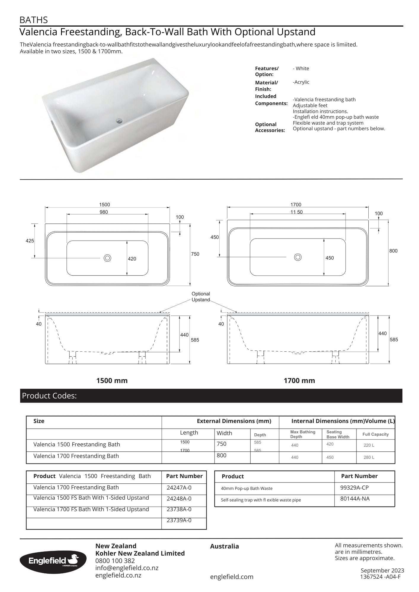 Valencia Freestanding Back To Wall Bath - 2 Size Options
