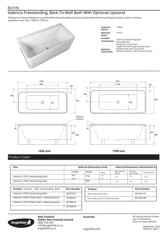 Valencia Freestanding Back To Wall Bath - 2 Size Options