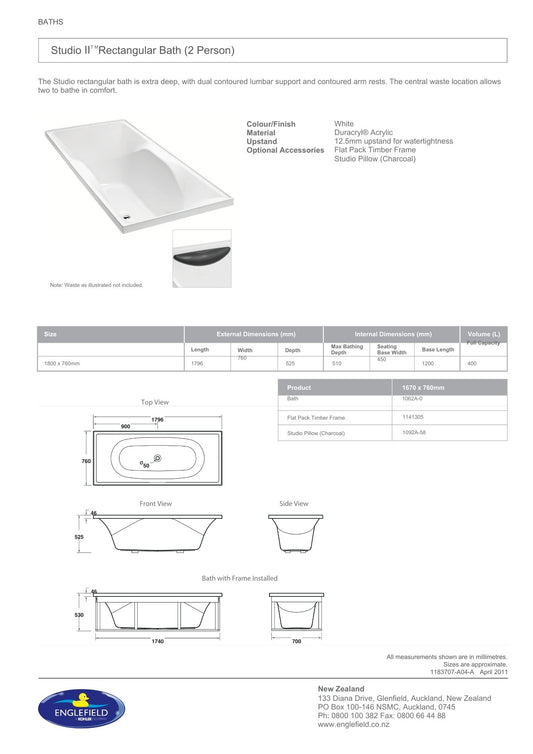 Studio II Symmetrical Rectangular Bath 1800mm x 760mm