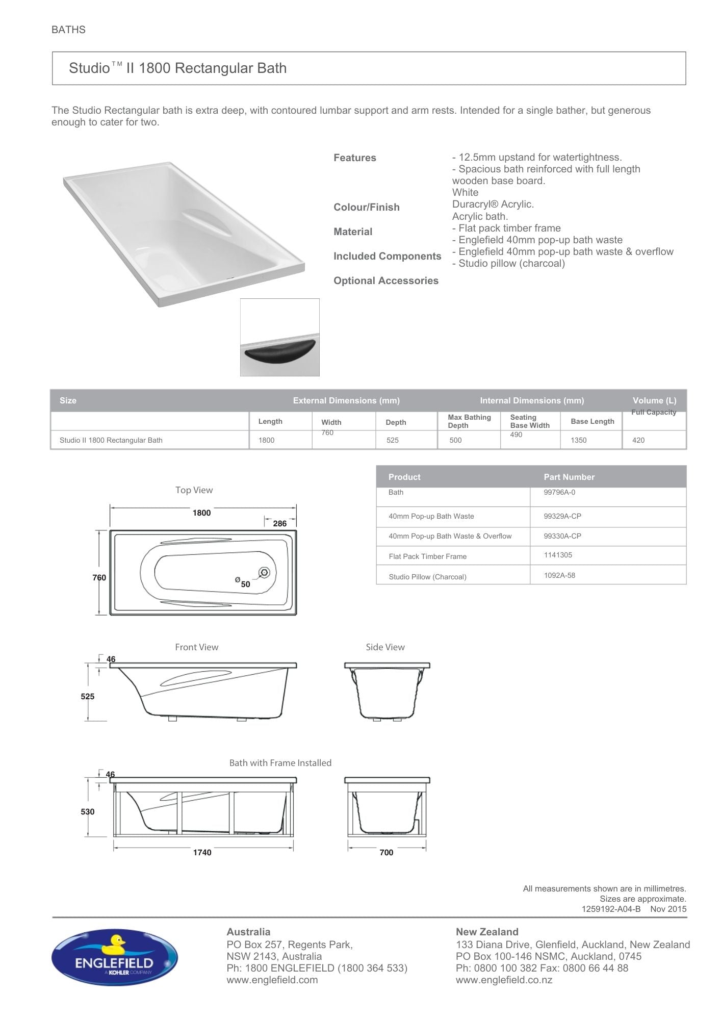 Studio II Rectangular Bath 1800mm x 760mm