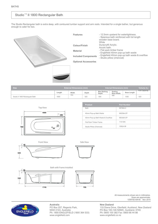 Studio II Rectangular Bath 1800mm x 760mm