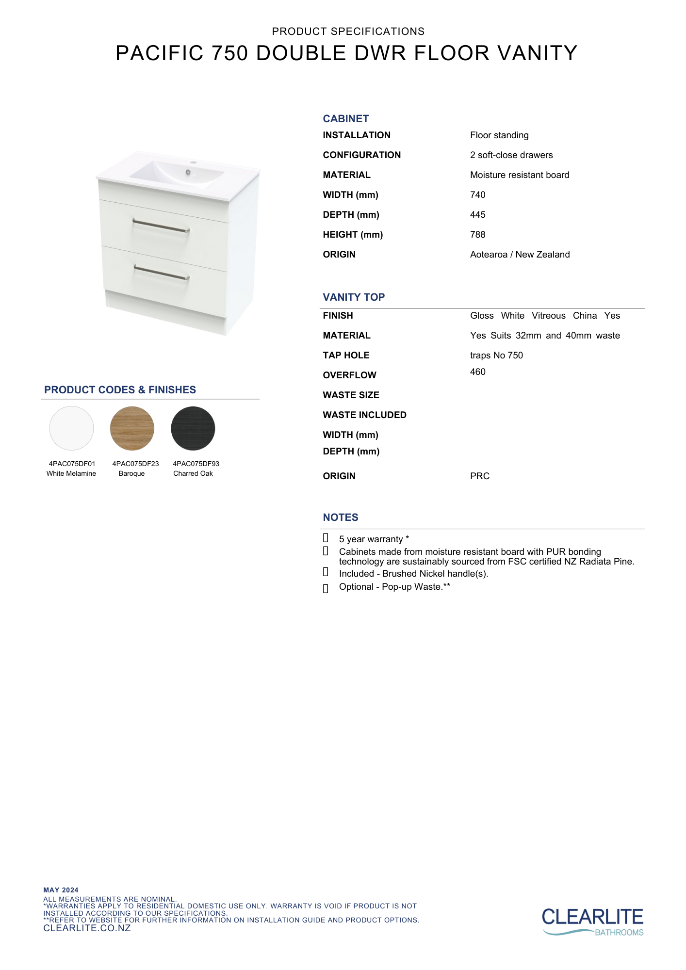 Pacific Double Drawer Floor Standing Vanity - 4 Size & 3 Colour Options