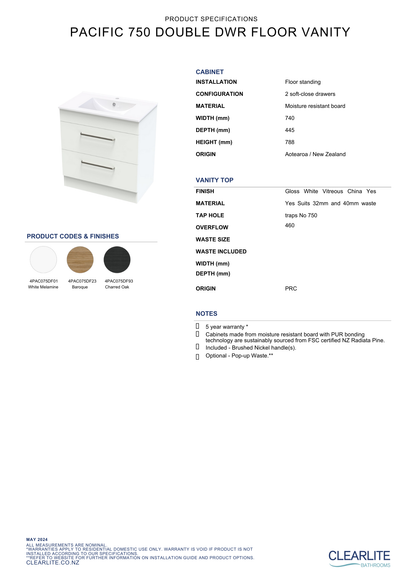 Pacific Double Drawer Floor Standing Vanity - 4 Size & 3 Colour Options