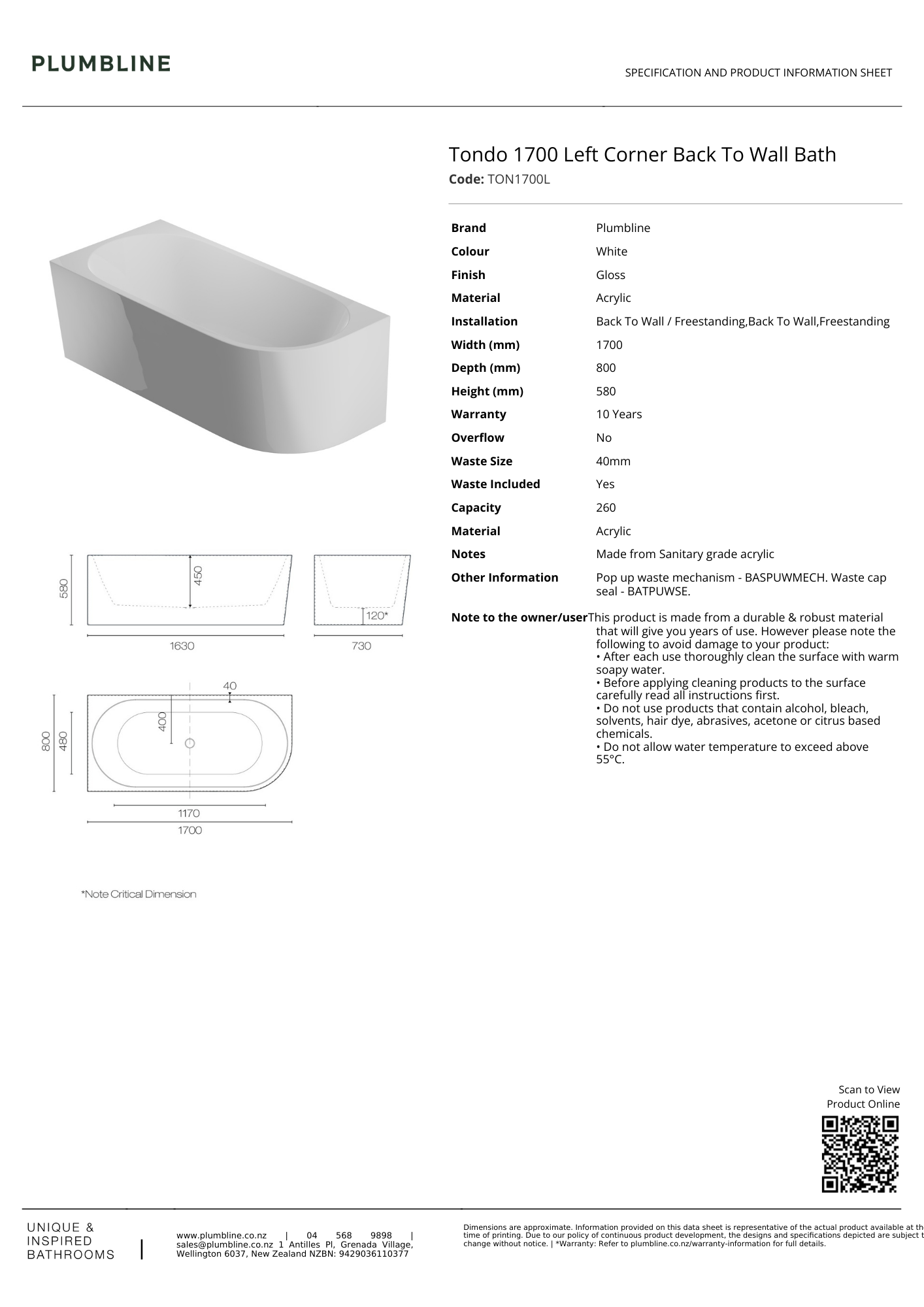 Tondo Back To Wall Bath (Left Corner) - 3 Size Options