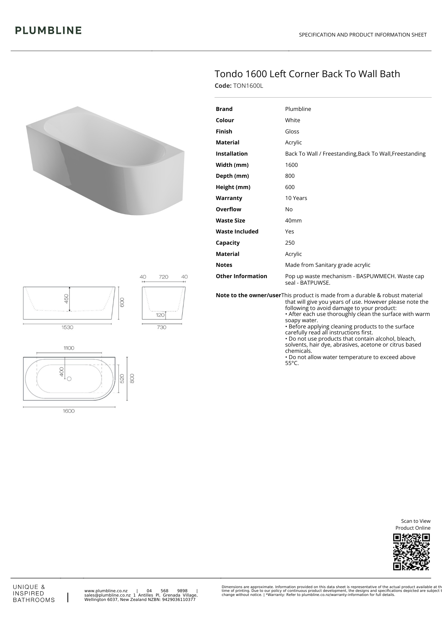 Tondo Back To Wall Bath (Left Corner) - 3 Size Options