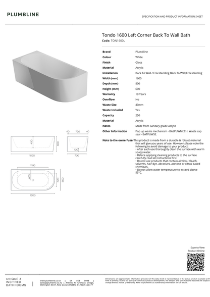 Tondo Back To Wall Bath (Left Corner) - 3 Size Options
