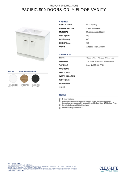 Pacific Door Only Floor Standing Vanity - 4 Size & 3 Colour Options