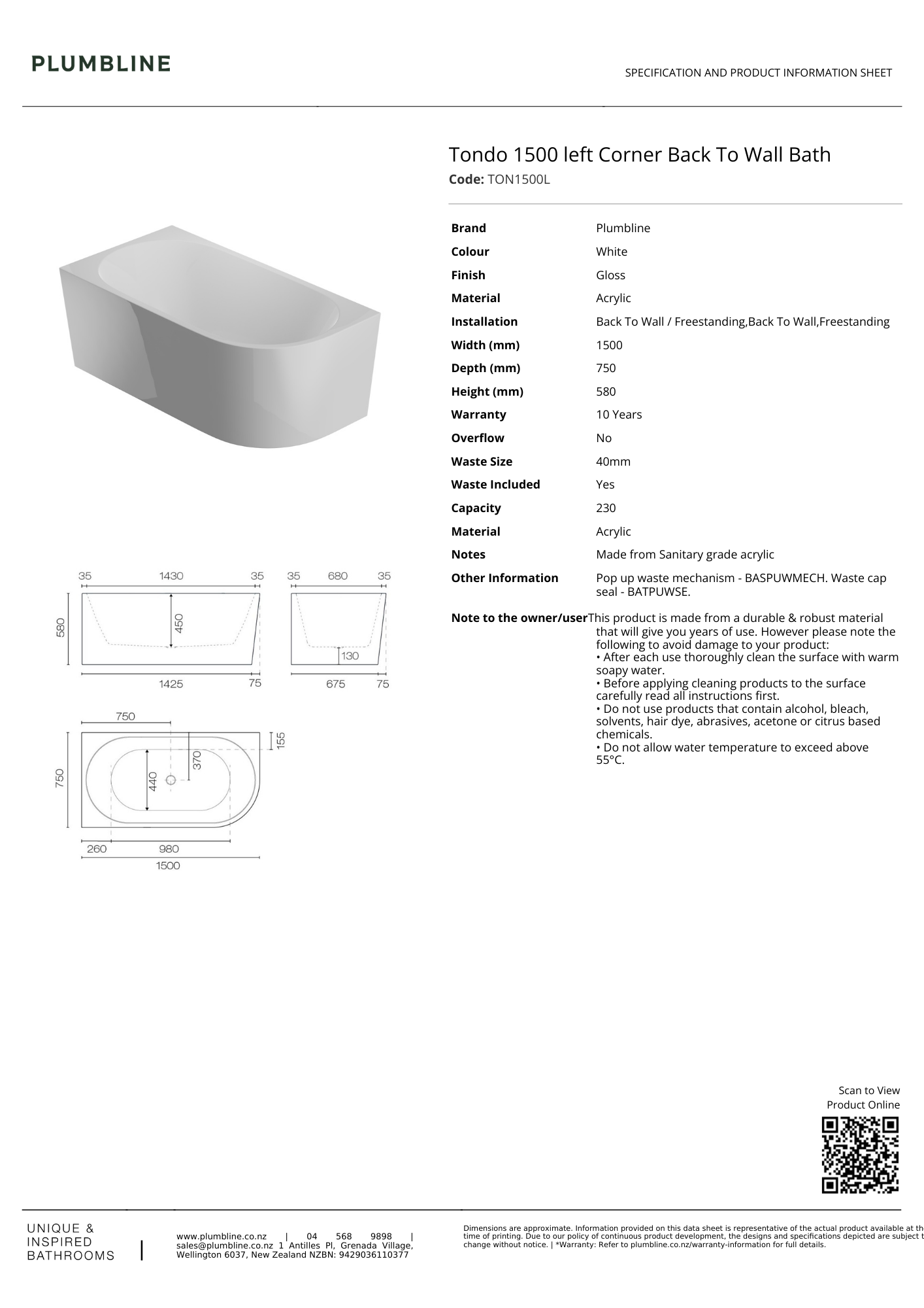 Tondo Back To Wall Bath (Left Corner) - 3 Size Options
