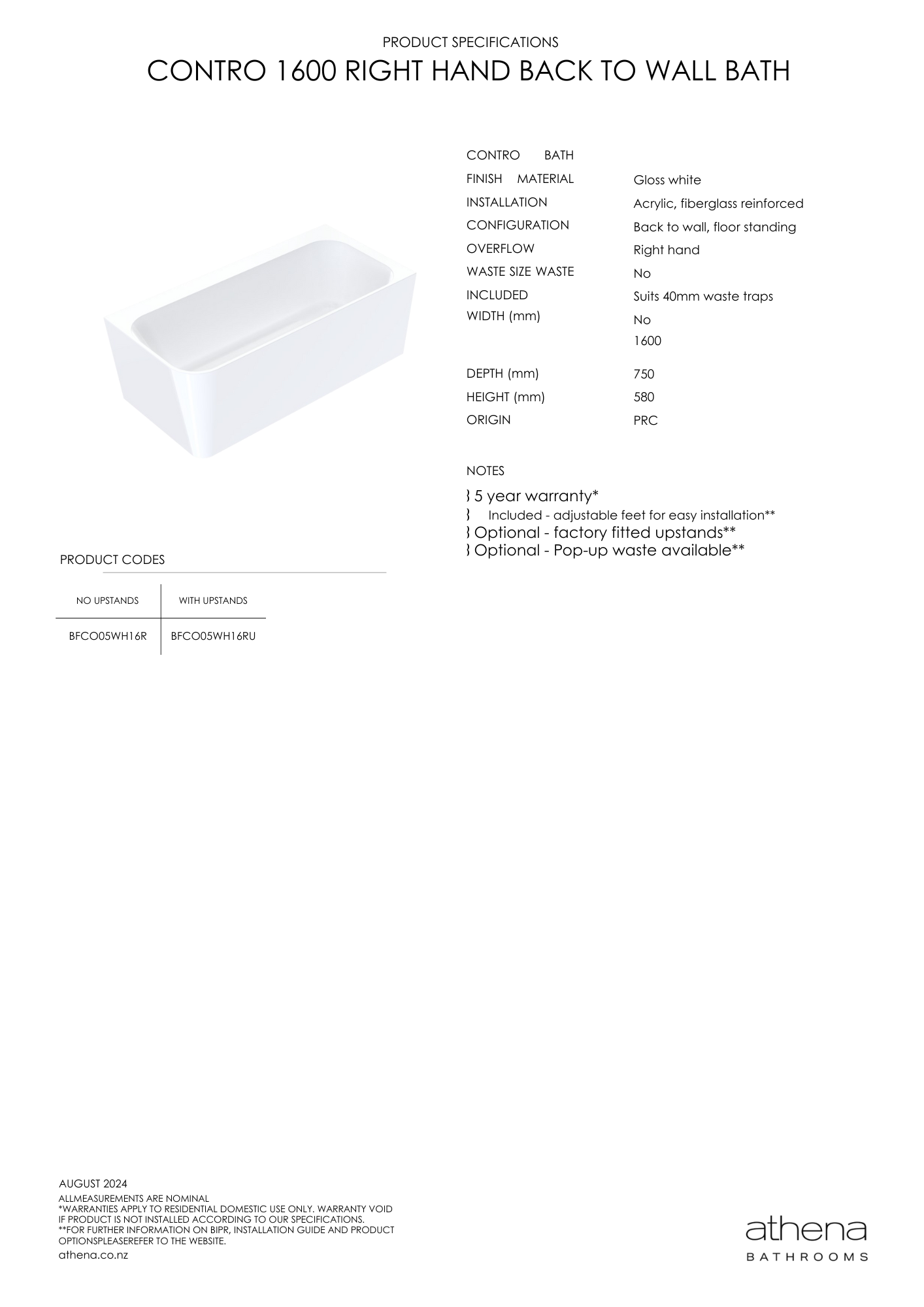 Contro Back To Wall Bath (Right Hand) 1600mm
