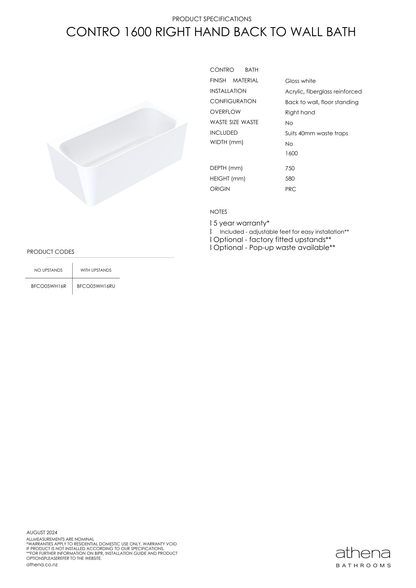 Contro Back To Wall Bath (Right Hand) 1600mm