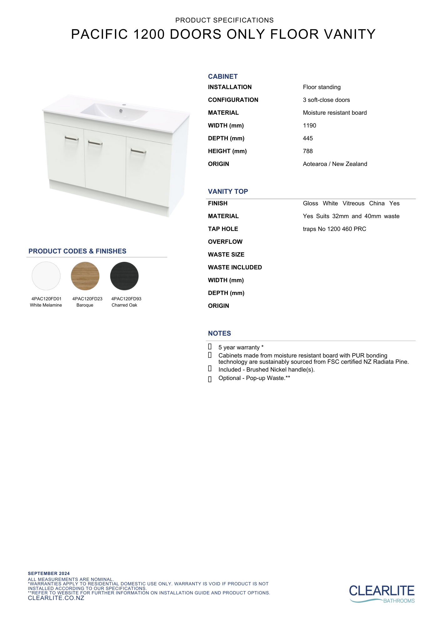 Pacific Door Only Floor Standing Vanity - 4 Size & 3 Colour Options