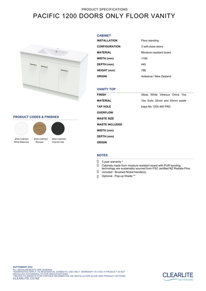 Pacific Door Only Floor Standing Vanity - 4 Size & 3 Colour Options