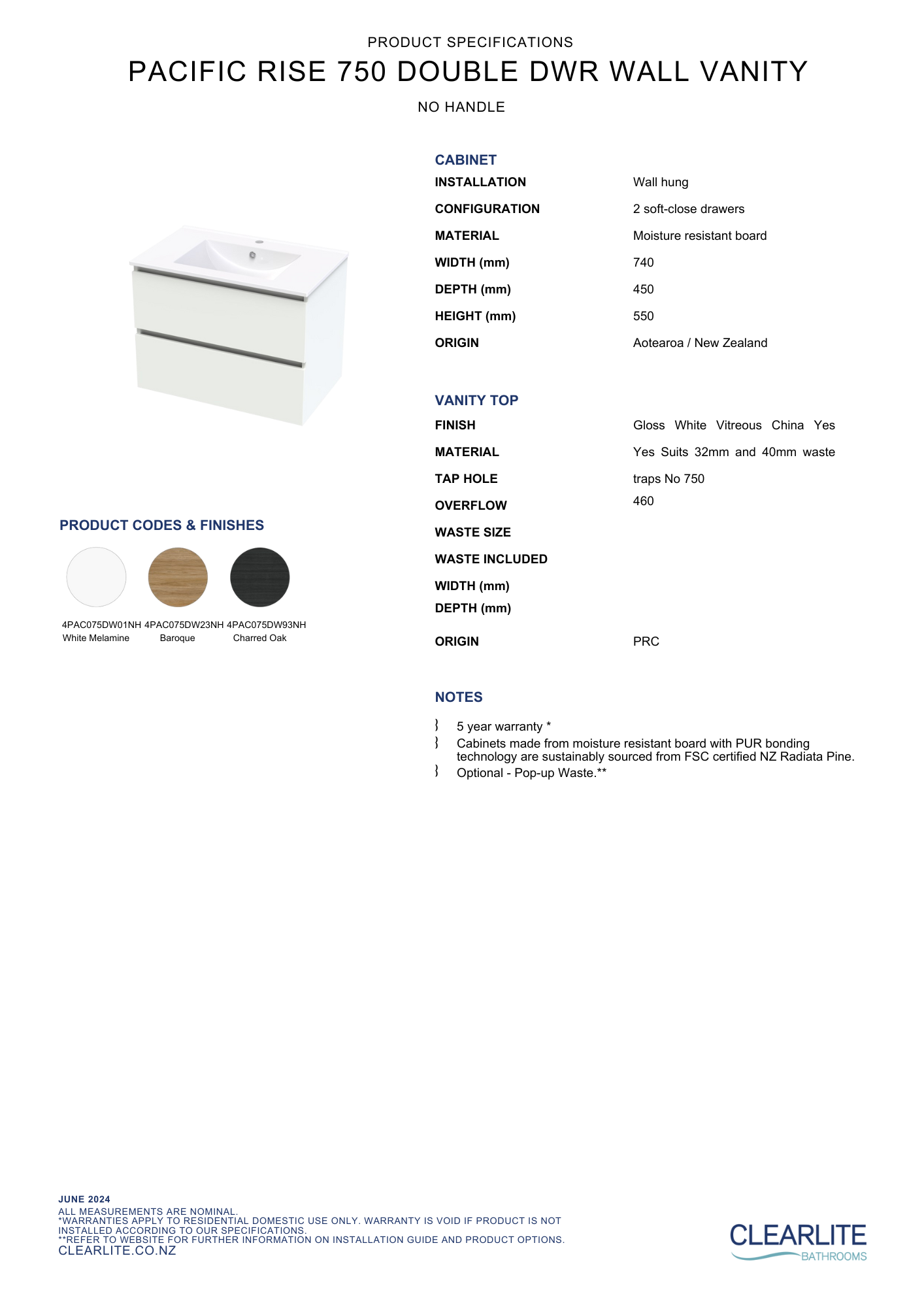 Pacific Rise Double Drawer Wall Hung Vanity - 4 Size & 3 Colour Options