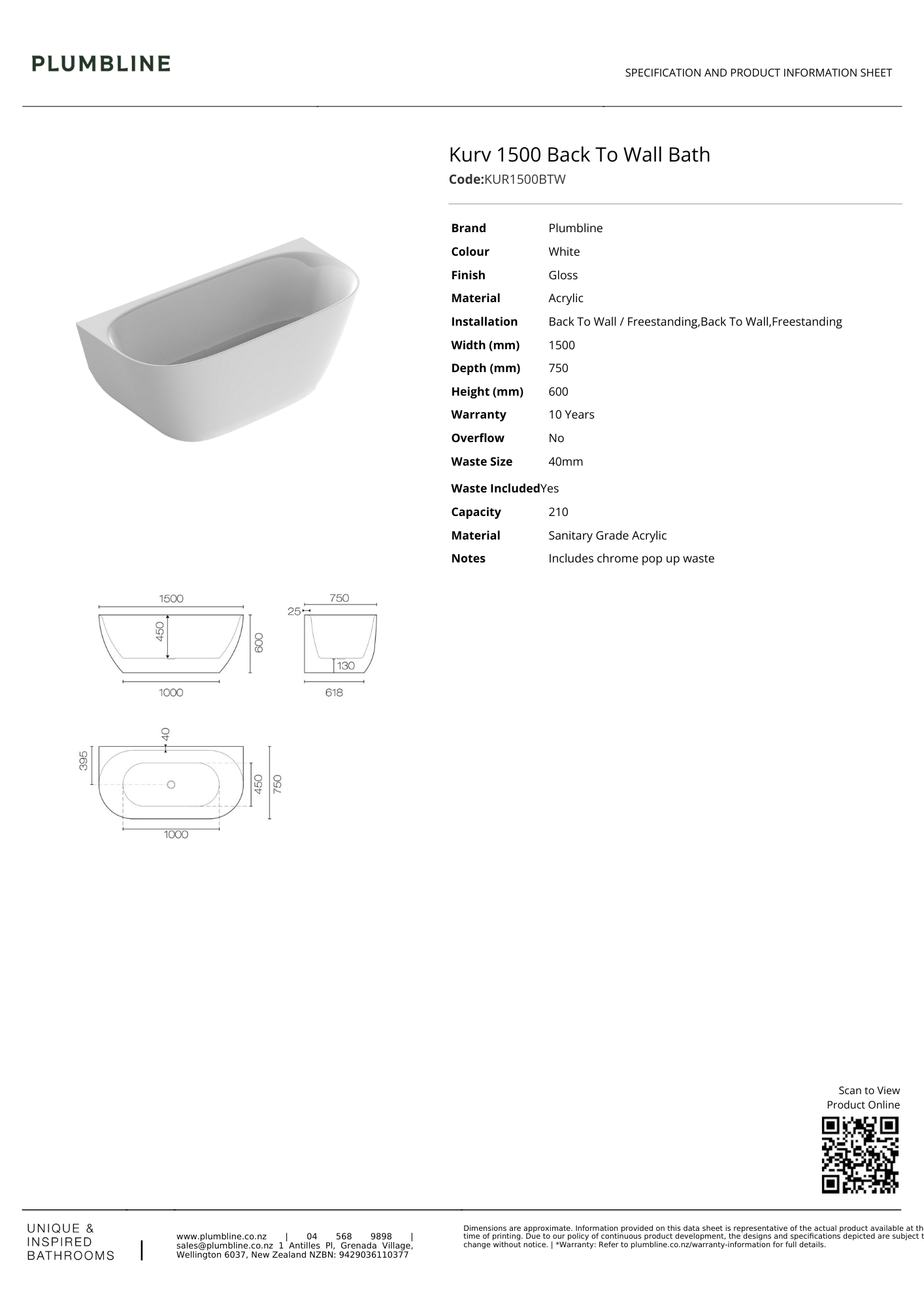 Kurv Back To Wall Bath - 3 Size & 2 Colour Options