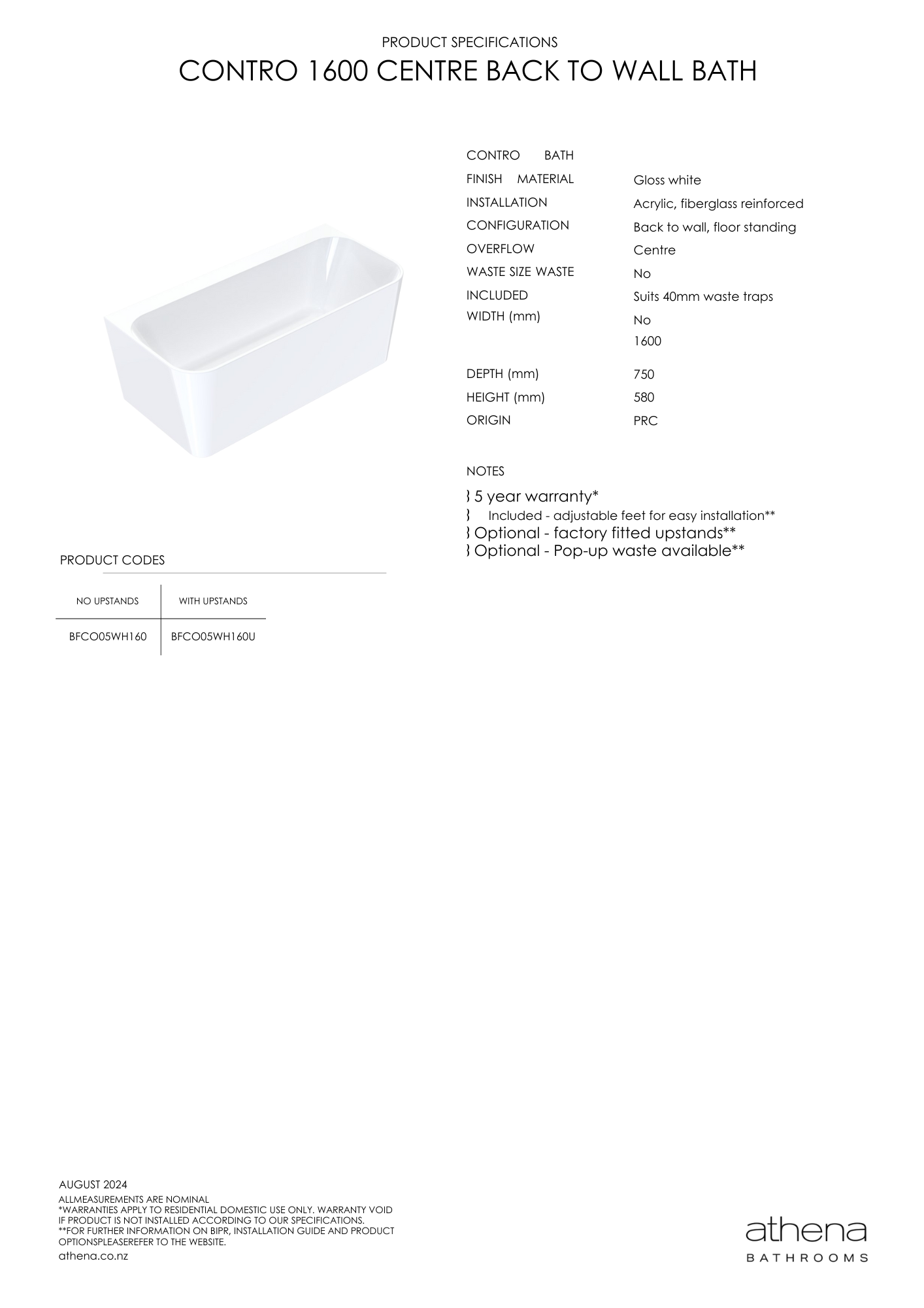 Contro Back To Wall Bath - 2 Size Options