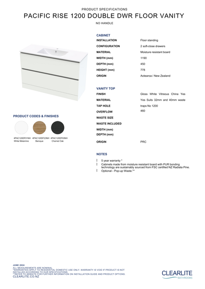 Pacific Rise Double Drawer Floor Standing Vanity - 4 Size & 3 Colour Options