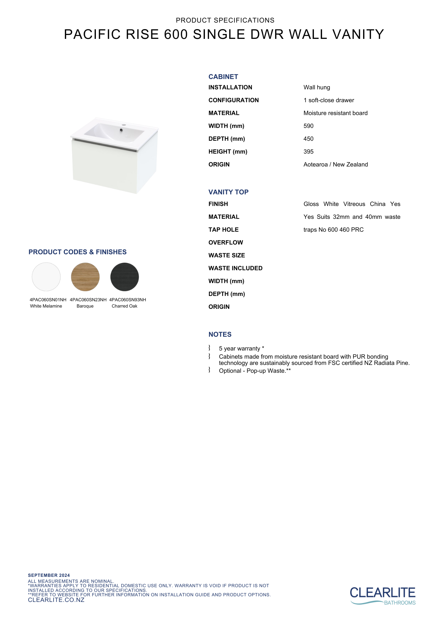 Pacific Rise Single Drawer Wall Hung Vanity - 4 Size & 3 Colour Options