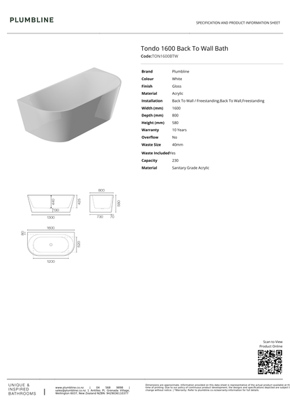 Tondo Back To Wall Bath - 3 Size Options