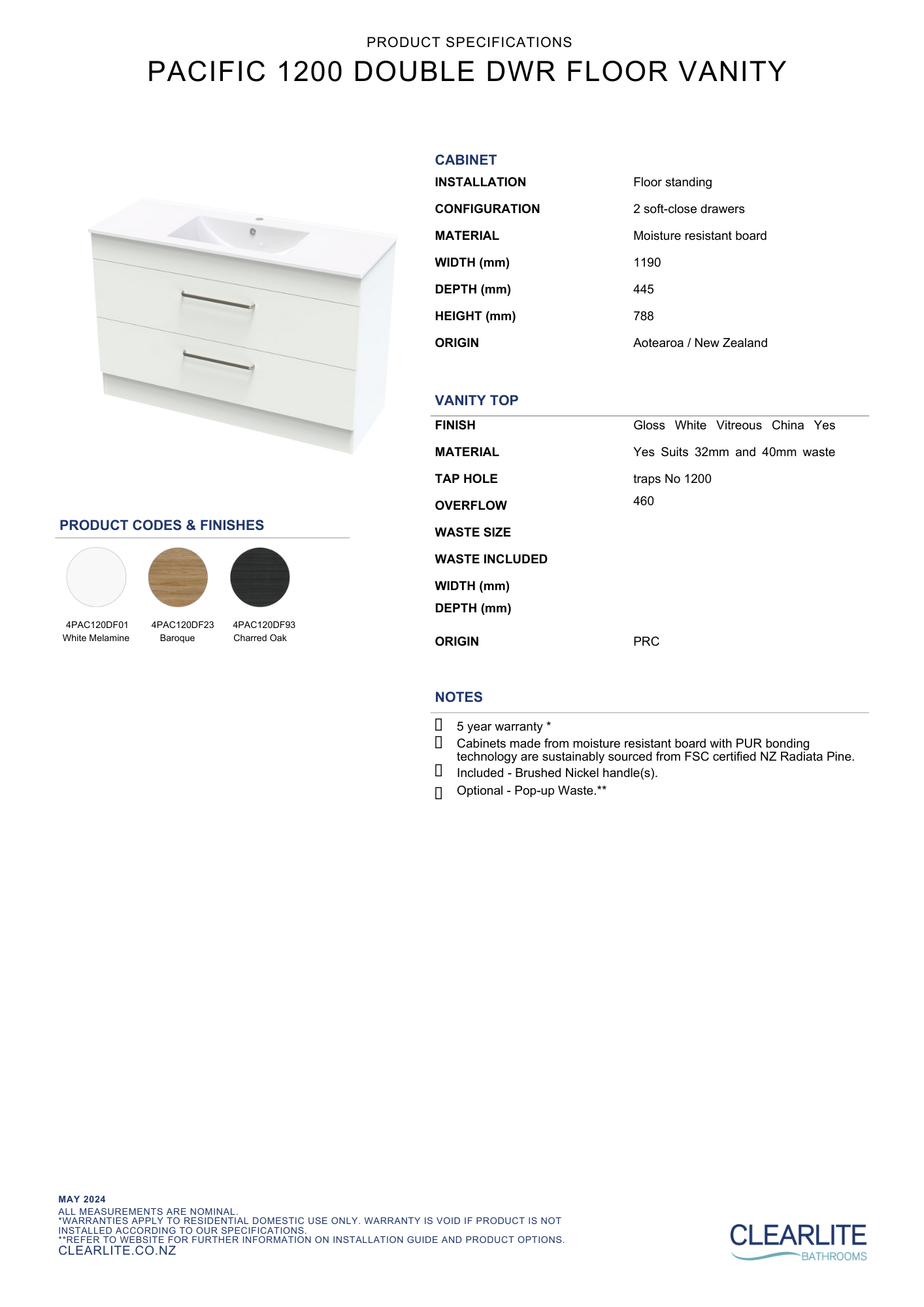 Pacific Double Drawer Floor Standing Vanity - 4 Size & 3 Colour Options