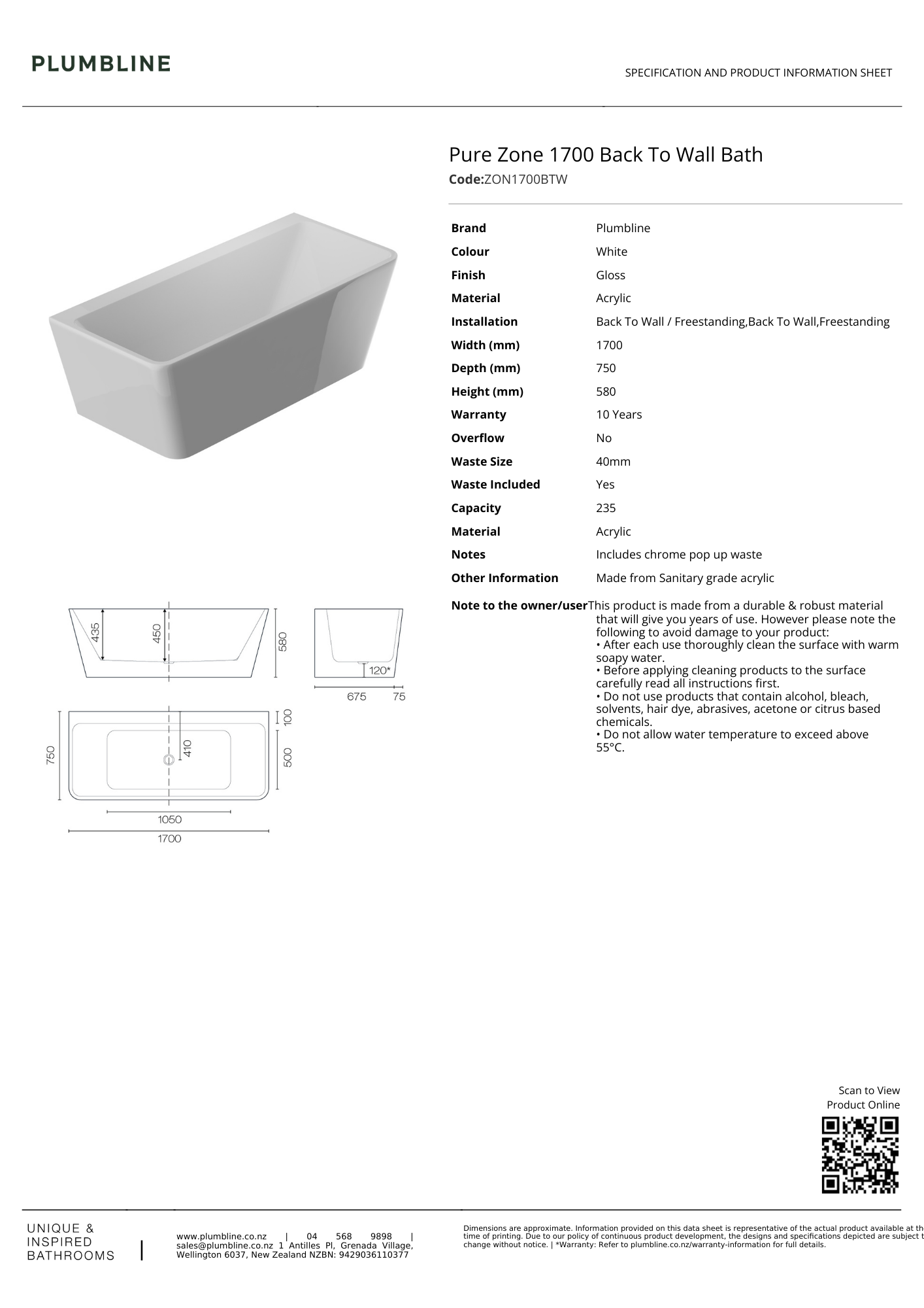 Pure Zone Back To Wall Bath - 2 Size Options