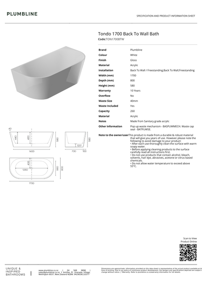 Tondo Back To Wall Bath - 3 Size Options