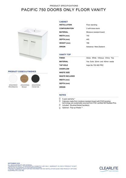 Pacific Door Only Floor Standing Vanity - 4 Size & 3 Colour Options