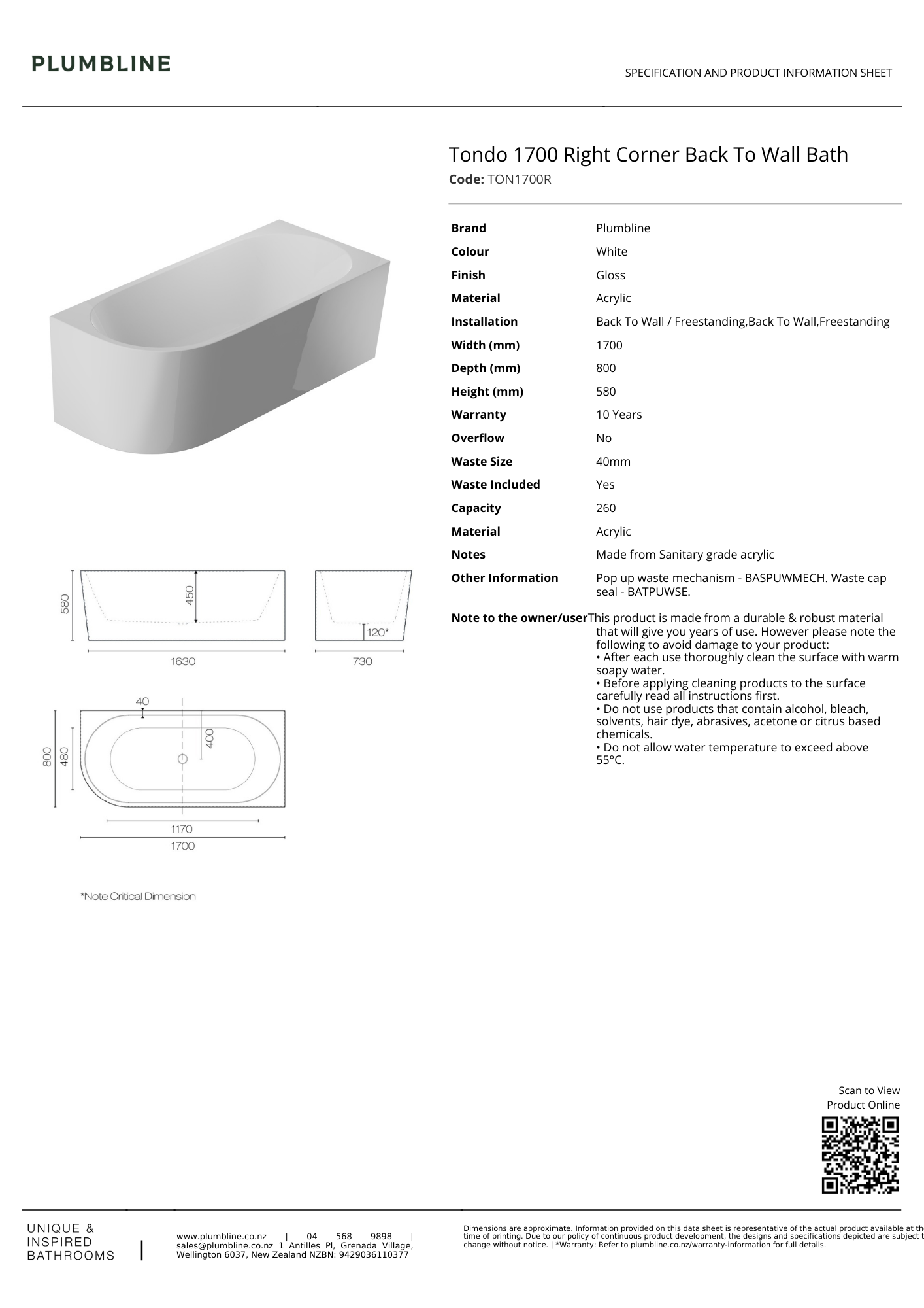 Tondo Back To Wall Bath (Right Corner) - 3 Size Options