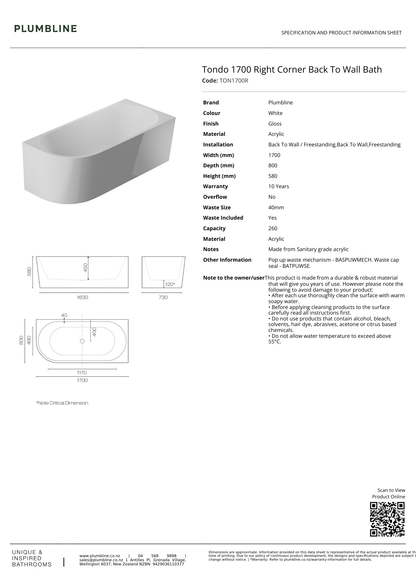 Tondo Back To Wall Bath (Right Corner) - 3 Size Options