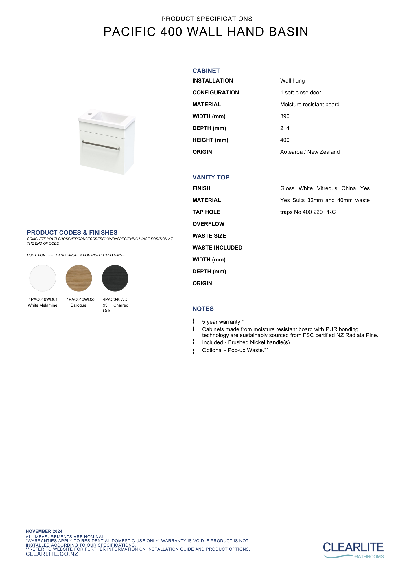 Pacific Hand Basin Wall Hung Vanity 400mm - 3 Colour Options