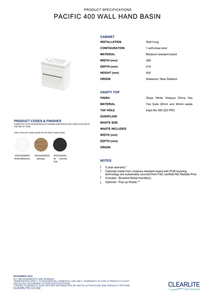 Pacific Hand Basin Wall Hung Vanity 400mm - 3 Colour Options