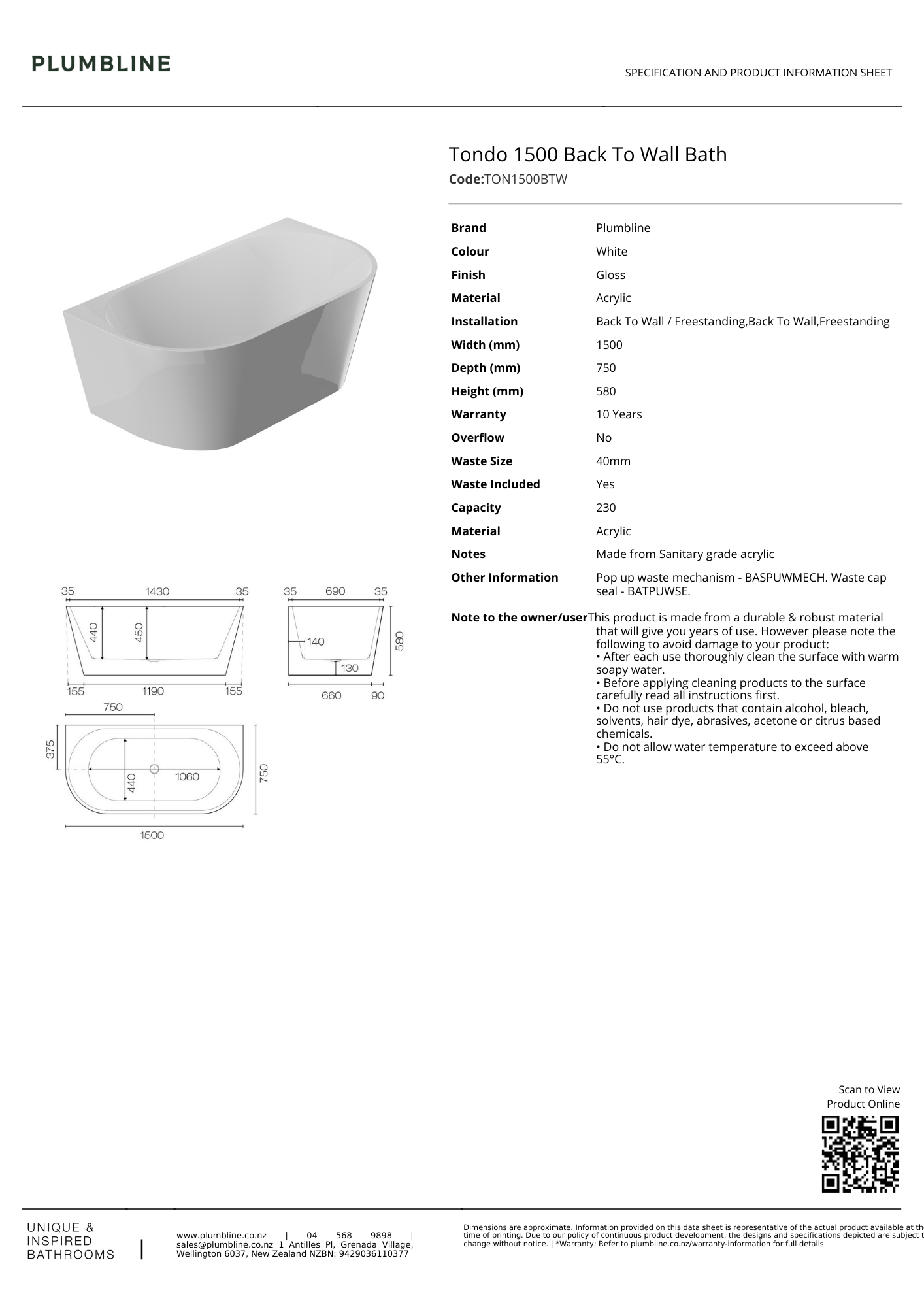 Tondo Back To Wall Bath - 3 Size Options