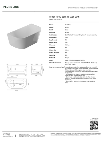 Tondo Back To Wall Bath - 3 Size Options