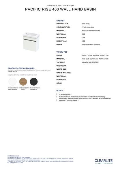 Pacific Rise Hand Basin Wall Hung Vanity 400mm - 3 Colour Options